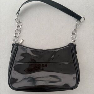 Black Faux Patent Leather Shoulder Bag – Silver Chain Detail